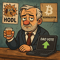 Boozy Uncle wearing a suit and sandals, casting his vote in a decentralized crypto DAO, with a drink in hand – the ultimate meme hero of the Solana Web3 scene.