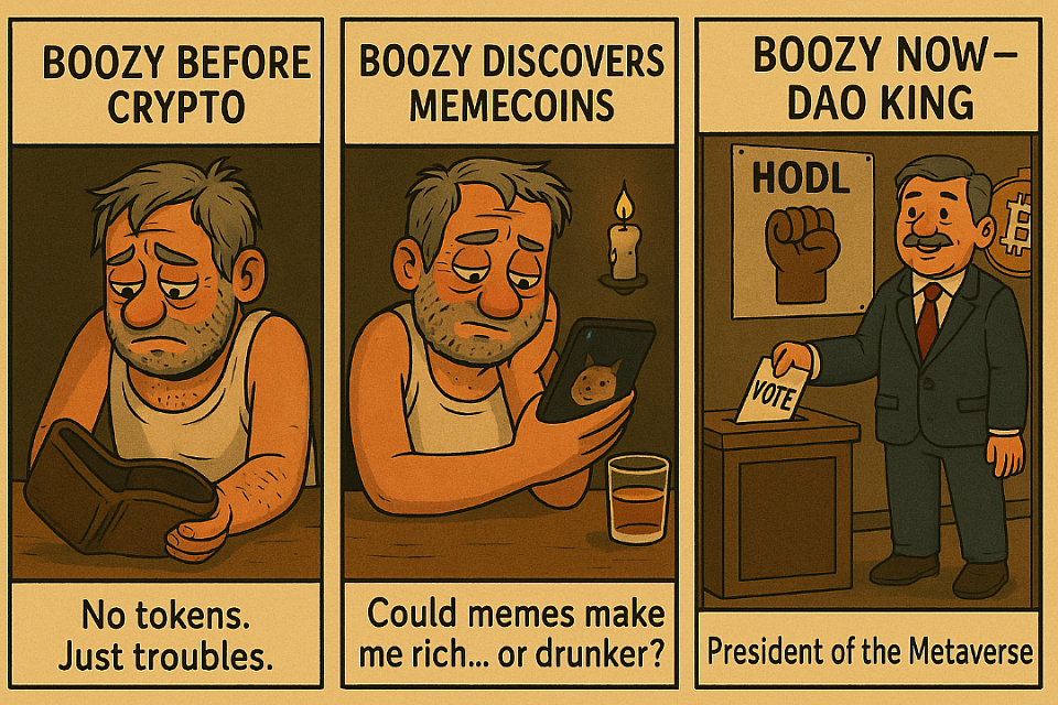 Boozy Uncle's crypto journey in three panels – from broke and drunk at the bar, to discovering memecoins, and finally becoming a DAO leader in a suit and sandals. Red-nosed meme legend of the Solana network.