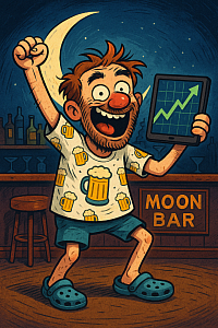 Uncle Boozy celebrating a skyrocketing crypto chart at the Moon Bar – wearing beer mug shirt and crocs, full of wild joy.