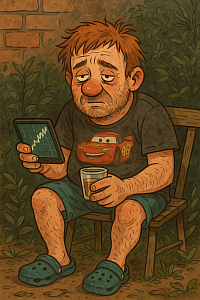 Depressed crypto vibes, Boozy in Crocs and a Lightning McQueen shirt, staring at the falling chart with a shot in hand.