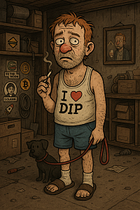 Worn-out Boozy in a messy garage, holding a cigarette and a dog leash, I ❤️ DIP tank top, surrounded by crypto stickers and regretful vibes.