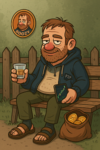 Relaxed Boozy sitting on a bench in socks and sandals, holding a drink and phone with green charts, a sack of coins at his feet, framed Boozy portrait on the fence.
