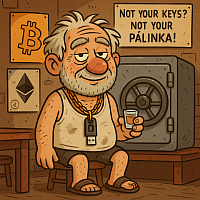 Boozy Uncle guarding a safe, wearing a tank top and USB wallet as a necklace, holding a shot of pálinka, Bitcoin and Ethereum logos in background, slogan says “Not your keys? Not your pálinka!”