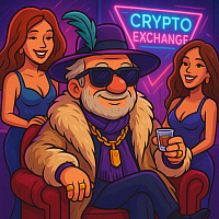 Boozy Uncle dressed like a crypto king, wearing fur coat and gold chain, sitting in a red armchair with two glamorous women, holding a pálinka shot, neon sign reads 