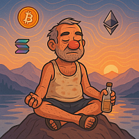 Boozy Uncle meditating on a mountain rock at sunset, holding a pálinka bottle, wearing dirty tank top and sandals, surrounded by floating crypto logos (Bitcoin, Ethereum, Solana), peaceful lake and mountain background