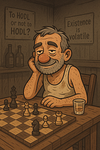 Old man Boozy in dirty tank top playing chess in a dimly lit bar, pondering crypto philosophy with “To HODL or not to HODL?” and “Existence is volatile” signs in background, glass of pálinka on the table