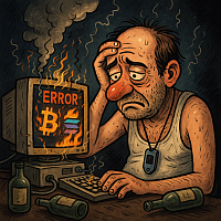 Sad bald crypto man in dirty tank top staring at smoking vintage PC with burning Bitcoin and Solana logos, error message on screen, empty bottles around, disaster trading night vibe