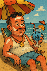 Sunburnt drunk crypto uncle in dirty tank top relaxing on the beach with a “BUY THE DIP” cocktail and Bitcoin necklace