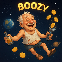 drunk uncle in space, torn tank top, floating with flashlight and whiskey bottle, surrounded by Boozy coins, happy expression