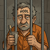 old drunk man in prison with HODL tattoo on forehead, holding toothbrush and cup, crypto inmate behind bars, sad expression