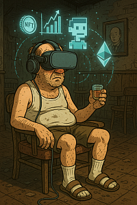 dirty drunk man in tank top and socks with sandals wearing VR headset, sitting in run-down bar, surrounded by virtual crypto symbols like NFT, Ethereum, and pixel art avatar