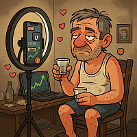 sad drunk man livestreaming on TikTok with dirty room background, ring light, rising chart on phone screen, holding two glasses, viral crypto influencer vibe