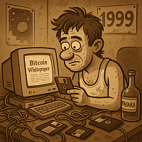 vintage cartoon man in 1999 reading Bitcoin Whitepaper on floppy disk, old computer, dirty room, bottle of palinka, early crypto visionary style