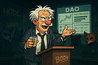 funny crypto man with red nose giving DAO speech at podium, community members wearing animal masks, token chart and voting graphics in background, holding whiskey glass