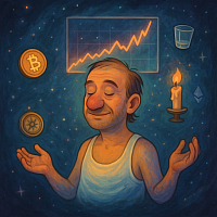 funny drunk man meditating in tank top surrounded by crypto symbols like bitcoin, ethereum, compass, candle, rising chart, glass, cosmic background