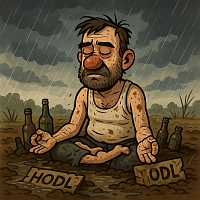 dirty drunk man meditating in the rain, muddy field, torn tank top, surrounded by empty bottles, signs reading HODL and ODL, bear market crypto misery