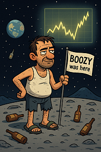 funny drunk man standing on the moon with ripped clothes, holding “BOOZY was here” flag, empty bottles, rising chart in space background, crypto to the moon concept