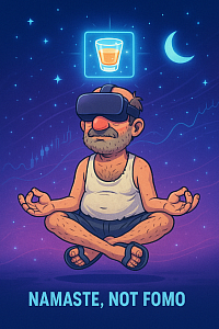 funny drunk man meditating in VR headset with tank top and sandals, floating in space, shot glass icon above head, chart in background, “Namaste, not FOMO” quote