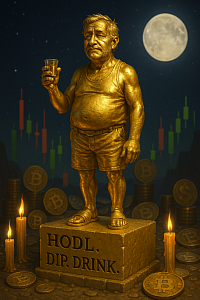 golden statue of drunk crypto man in tank top and sandals holding a shot glass, candlelit altar, moon in background, “HODL. DIP. DRINK.” inscription, bitcoin coins around