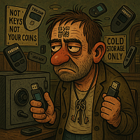 grumpy crypto man surrounded by Trezor and Ledger wallets, QR code on forehead, keys around neck, holding hardware wallets, signs reading “Not your keys not your coins” and “Cold storage only”