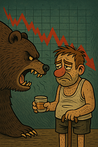 tired drunk crypto man facing angry bear with red falling chart in background, holding a glass and cane, tank top and shorts, bear market metaphor