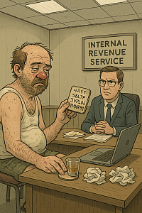 sad drunk crypto man in dirty tank top at IRS office, holding handwritten seed phrase, serious tax agent with laptop, whiskey glass on table, tax audit stress