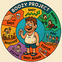 funny crypto project cycle infographic with drunk man in center, labeled stages like SHOT, DAO, RUGPULL, STATUE, BOOZYFEST, circular meme chart style