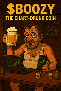 drunk crypto man holding beer and phone with chart, laptop showing rising graph, dirty tank top, bar setting, text: “$BOOZY – The Chart-Drunk Coin”, wall sign says “Buy the dip then drink it”