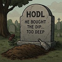 crypto-themed gravestone in peaceful cemetery, tombstone reads “HODL – He bought the dip... too deep”, empty liquor bottle on grave, humorous trading metaphor