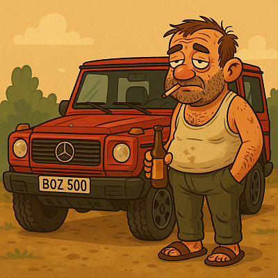 Mercedes G-Class, G-Wagon, Boozy Uncle, Boz 500, meme NFT, crypto humor, vintage SUV, Solana NFT, drunk investor, DAO life, rustic crypto vibes