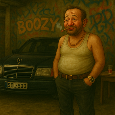 Meta Title: BOOZY#SEL600 – Boozy Uncle NFT with V12 Mercedes and Web3 Hangover  Meta Description: BOOZY#SEL600 is a bold NFT showcasing Boozy Uncle next to his V12 SEL 600 in a graffiti-tagged garage. Blending crypto glory, meme coin scars, and timeless hangovers, this NFT is peak degeneracy in classy German form.  Meta Keywords: Boozy NFT, V12 Mercedes, SEL600 NFT, crypto meme art, drunk Web3, decentralized humor, Bozivácsi, Solana NFT, Boozy Uncle, meme coin crash survivor