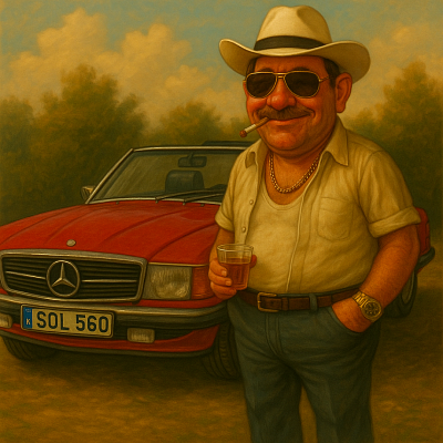 Keywords: Mercedes SL560, crypto playboy, Bozy uncle, Bobby Bozy, Solana flex, meme coin king, decentralized vibes, classic car, DeFi baller, Bozy lifestyle  Meta Description: Playboy Bozy arrives in style with his SL560 Mercedes, rocking a cowboy hat and a crypto-coded plate. Half Bobby Ewing, half DEX whale — this NFT oozes decentralized swagger.  NFT Description: Meet Bozy Uncle at his peak. No more barstools or broken dreams — now he cruises the metaverse in an SL560, dripping in crypto charisma. The hat? Pure Texas. The vibe? Pure Solana. The license plate? A flex only true degens will understand. Bozy didn’t just make it — he memed his way into legend.