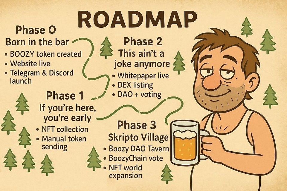 Boozy Uncle roadmap illustration showing four phases of the memecoin project, featuring a character holding a beer mug .The Boozy Uncle memecoin project roadmap in four phases: token born in a bar, NFT collection, DAO and DEX listing, and the Skripto Village universe. The image features the iconic Boozy Uncle character holding a beer mug in a humorous cartoon style.