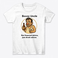 Funny crypto t-shirt with Boozy Uncle character – “Not financial advice, just drunk advice” print, perfect for degens, HODLers and crypto fans.