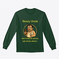 Funny long sleeve crypto shirt with Boozy Uncle – “Not financial advice, just drunk advice” print for HODLers.