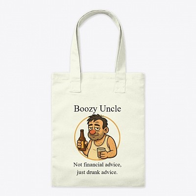 Funny crypto tote bag with Boozy Uncle print – “Not financial advice, just drunk advice” for decentralized shopping.